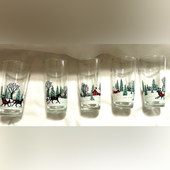 5 Winter Scene.. Holiday highballs. Vintage, KIG Indonesia. 6” tall 3” wide. - Picture 11 of 12
